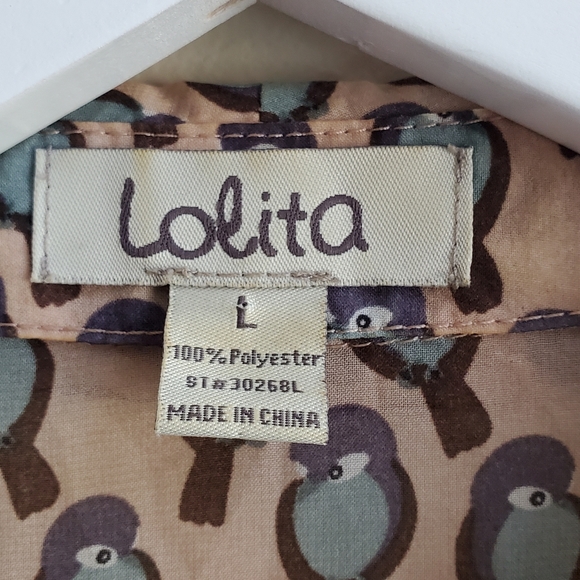 Vintage Lolita short sleeve blouse with bird printed pattern, bow front, Large - Picture 4 of 5